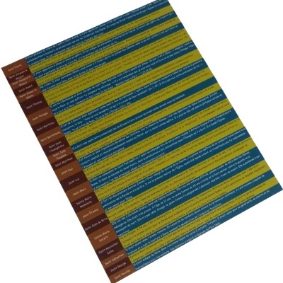 Folha colorida com texto motivacional em várias línguas e cores azul, verde e marrom