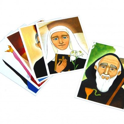 Cartões ilustrados de figuras religiosas sobre fundo branco