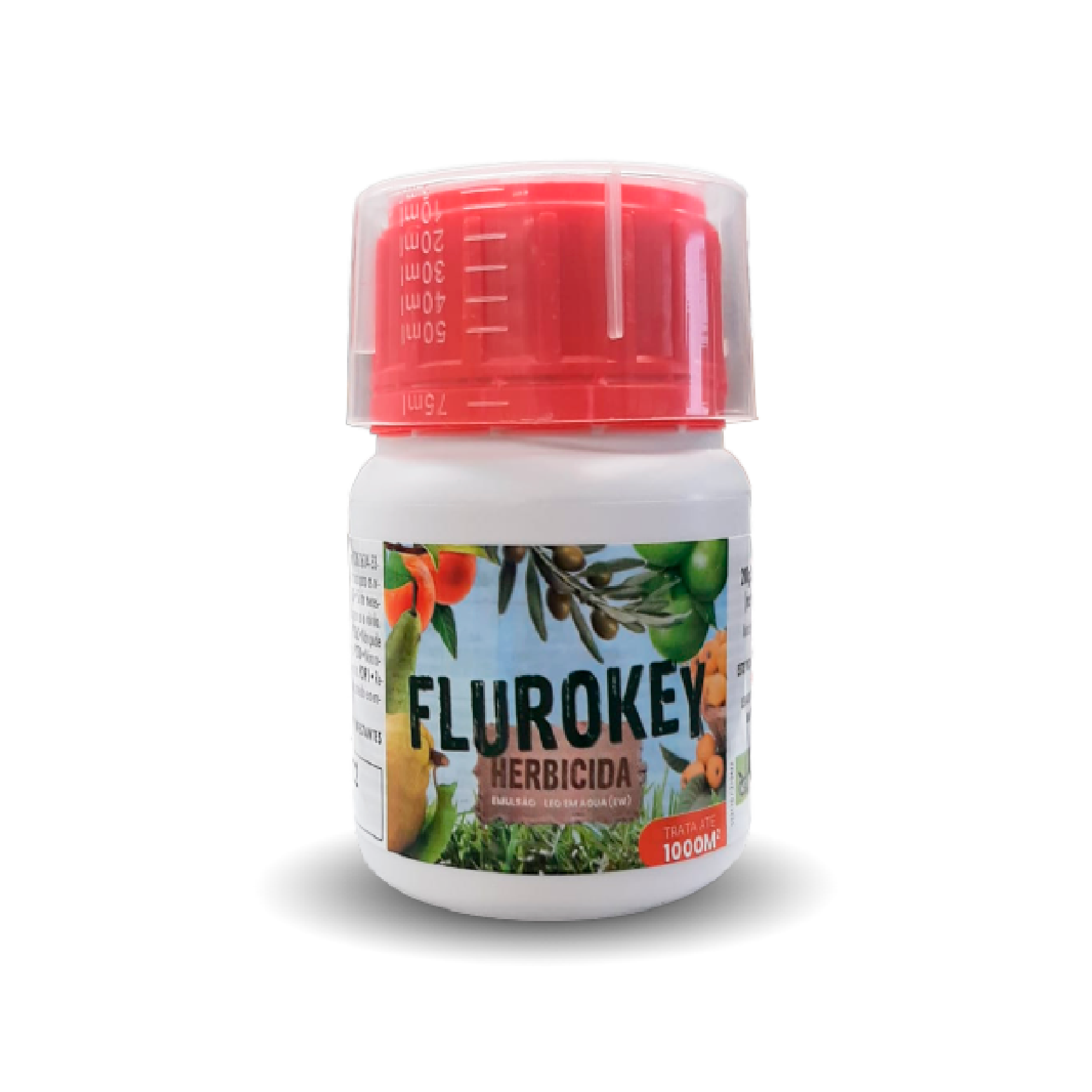 Herbicida Flurokey, 100ml Frasco branco com tampa vermelha contendo herbicida Flurokey