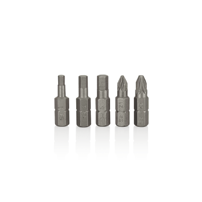 Conjunto de cinco pontas metálicas para aparafusadora com diferentes formatos e numerações
