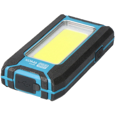Lanterna portátil preta e azul com painel amarelo da marca KOMA Tools PRO series