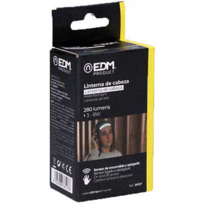 Caixa preto e amarelo da lanterna de cabeça EDM PRODUCT com texto e imagem de pessoa a usar.