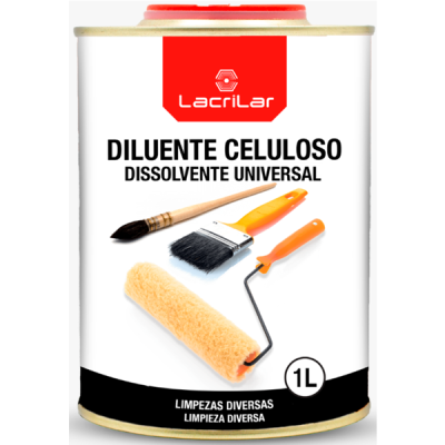 Lata metálica de 1 litro de diluente celuloso Lacrilar com pincel e rolo de pintura na etiqueta