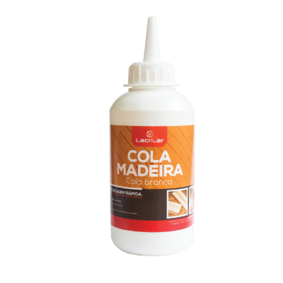 Frasco de cola branca para madeira com tampa e rótulo laranja e preto