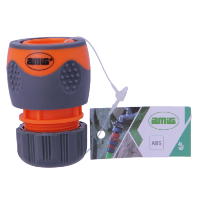 Conector para mangueira em plástico laranja e cinzento com etiqueta AMIG