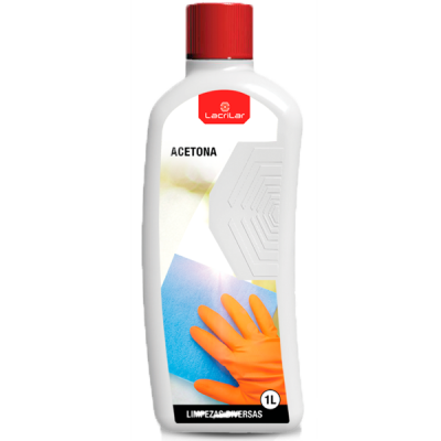 Frasco branco de acetona Lacrilar com tampa vermelha e etiqueta colorida