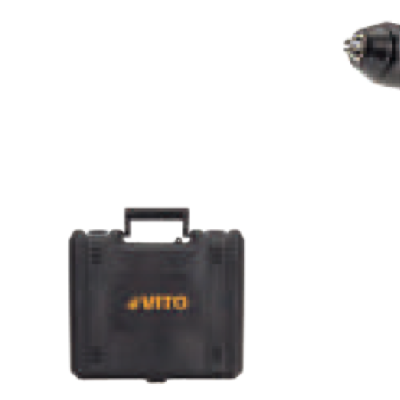 Conjunto de furadeira amarela com bateria, carregador e caixa preta VITO
