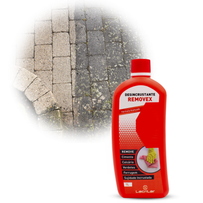 Garrafão vermelho do desincrustante REMOVEX sobre piso de pedra com uma parte limpa e outra suja.