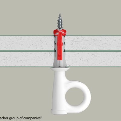 Expansor de parede em plástico branco com parafuso metálico e anel circular.