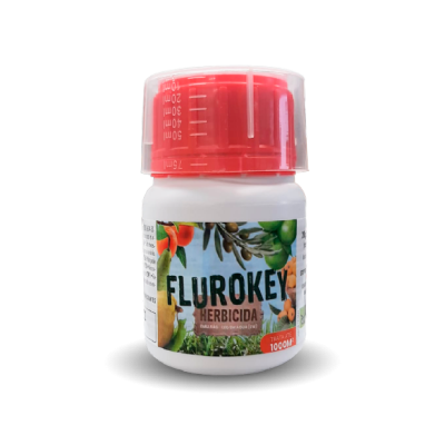 Frasco branco com tampa vermelha contendo herbicida Flurokey