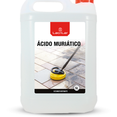 Recipiente branco de plástico com tampa vermelha e etiqueta com Ácido Muriático Lacrilar 5L