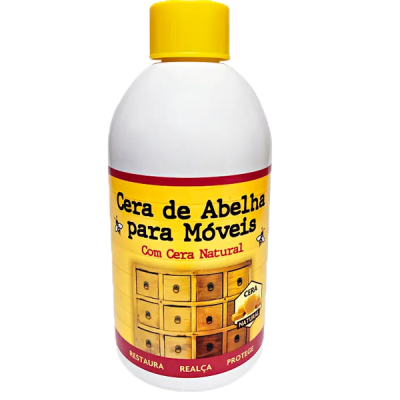Frasco de cera de abelha para móveis com rótulo amarelo e vermelho