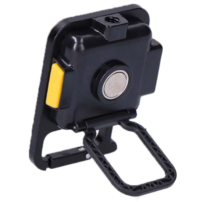 Rastreador GPS preto com botões amarelos e suporte articulado