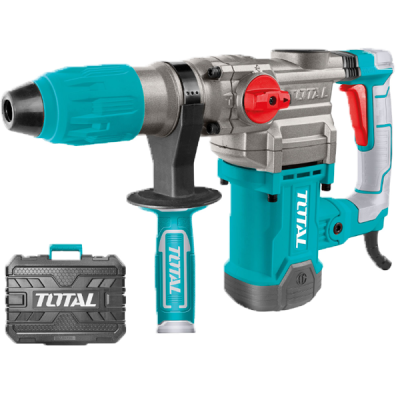 Martelo perfurador elétrico azul/cinzento com mala de transporte preta da marca TOTAL