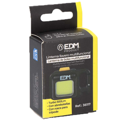 Embalagem preta e amarela de lanterna multifuncional EDM com texto descritivo