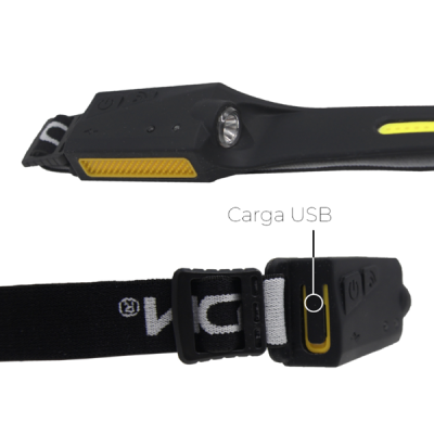 Lanterna de cabeça preta com faixa elástica e luz LED