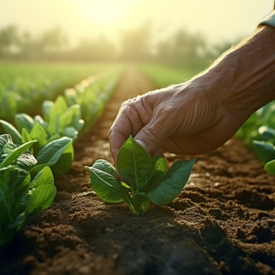 Mão humana tocando pequenas plantas verdes em campo agrícola