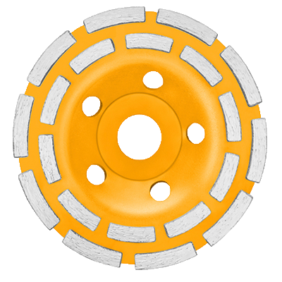 Disco de desbaste metálico amarelo com segmentos brancos e cinco orifícios
