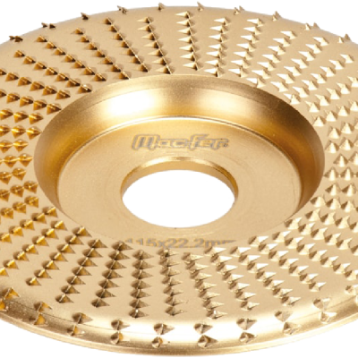 Disco de esmeril metálico dourado com relevo e texto central