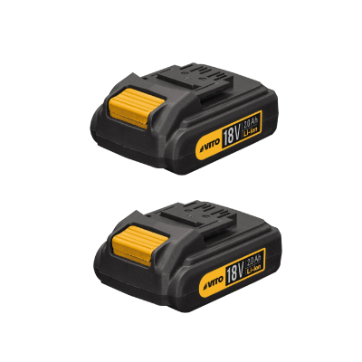 Bateria de ferramenta preta e amarela com etiqueta VITO 18V 2.0 Ah Li-ion