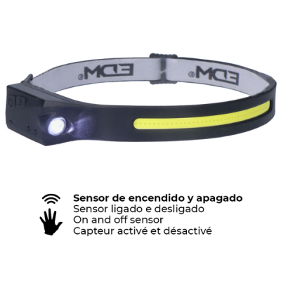 Lanterna frontal preta com faixa elástica branca e preta com sensor on/off