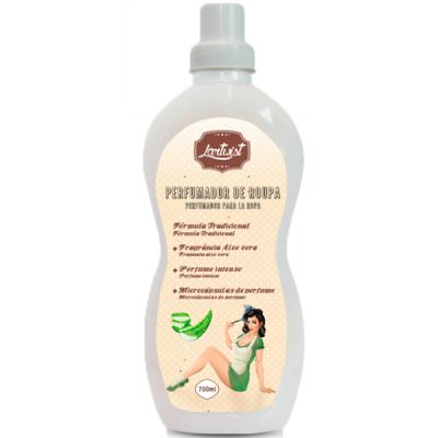 Frasco branco de perfumador de roupa com etiqueta bege com texto e imagem de mulher em estilo retrô