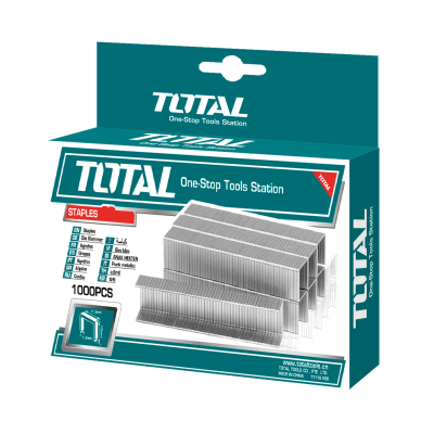 Pacote de grampos metálicos prateados da marca TOTAL em caixa azul