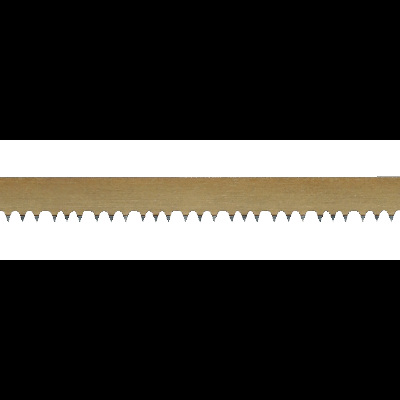 Lâmina de serra de metal prateado com dentes e texto impresso