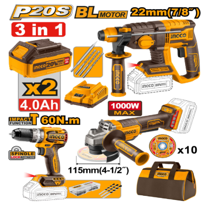 Conjunto de ferramentas INGCO P20S BL MOTOR 22mm com acessórios e bolsa de transporte