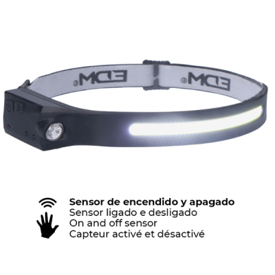 lanterna de cabeça preta com luz LED e tira elástica branca com texto EDM