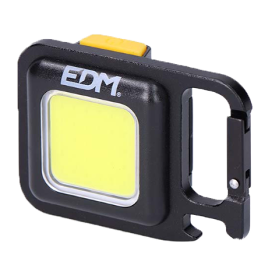 Luz LED portátil preta com botão amarelo e logótipo EDM