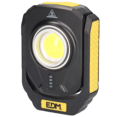 Lanterna de trabalho preto e amarelo com lente circular e etiqueta EDM