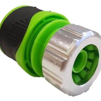 Conector de rega verde, preto e metálico