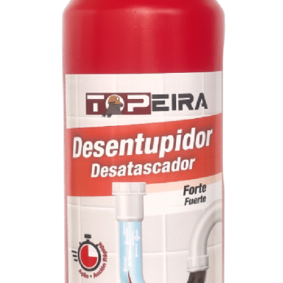 Frasco vermelho de desentupidor TOPEIRA com tampa vermelha e etiqueta com texto e ilustração de cano