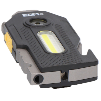 Lanterna portátil preta e cinza com iluminação amarela e botão amarelo lateral