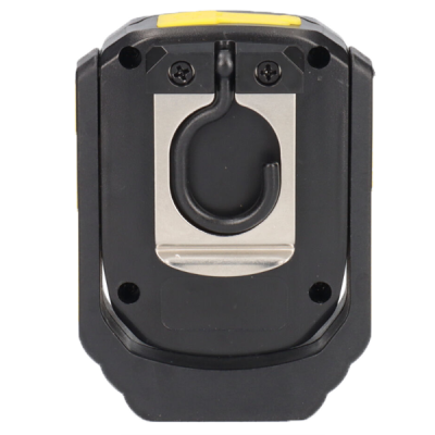 Gancho metálico fixado em base preta com detalhes amarelos.