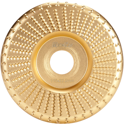 Disco de rebarbadora dourado com textura dentada e texto Macfer e 115x22.2mm