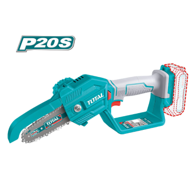 Motosserra elétrica sem fio azul turquesa e cinza com marca TOTAL e modelo P20S