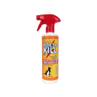 Frasco plástico com pulverizador vermelho e rótulo amarelo de produto ACETA KILL para cães e gatos.