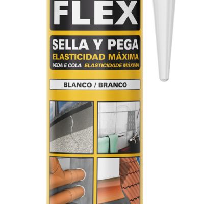 Frasco de poliuretano Fischer PUR FLEX para vedar e colar, com aplicador e texto multilingue