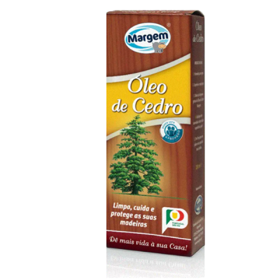 Embalagem de óleo de cedro Margem com imagem de árvore e texto promocional