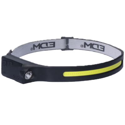 Lanterna de cabeça preta com faixa elástica cinzenta com texto EDM