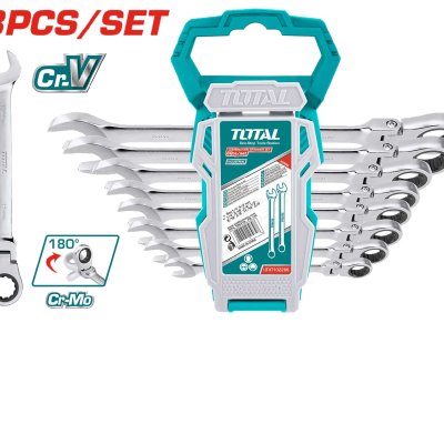 Conjunto de 8 chaves combinadas cromadas com suporte azul e branco da marca TOTAL