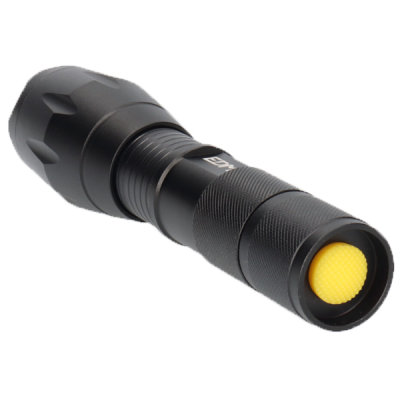 lanterna preta com botão amarelo e texto EDY