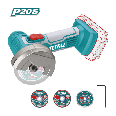 Mini esmerilhadora a bateria TOTAL azul turquesa com acessórios e lâmina metálica.