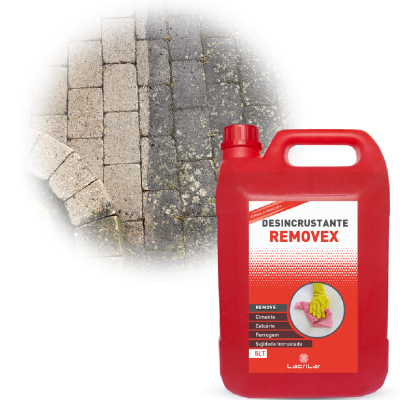 Frasco vermelho de desincrustante removex com pavimento em blocos retangulares ao fundo