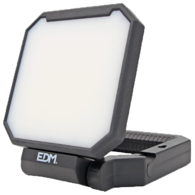 Luz portátil quadrada branca com moldura preta e base com marca EDM