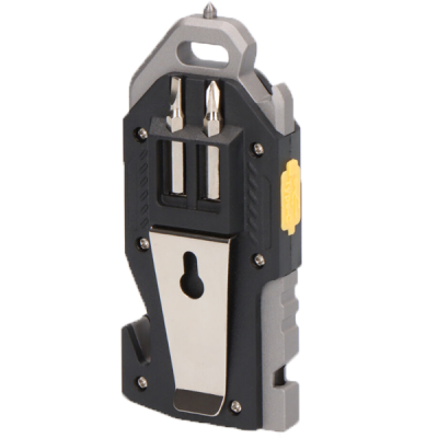 Ferramenta multifuncional compacta preta e cinza com clipe metálico e duas pontas de parafusos