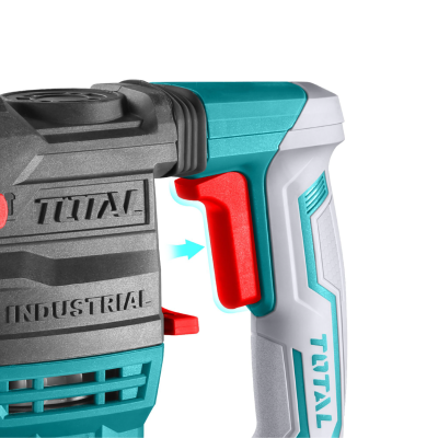 Ferramenta elétrica com punho branco e detalhes azuis e botão vermelho