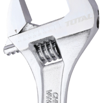 Chave inglesa ajustável em metal prateado com texto TOTAL e CHROME VANADIUM